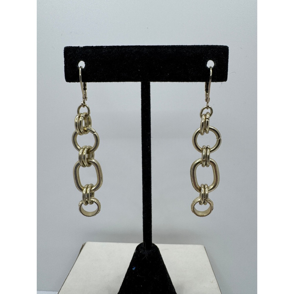 Gold Tone Multi Link Drop Earrings Textured Detail Lever Back Long Dangle